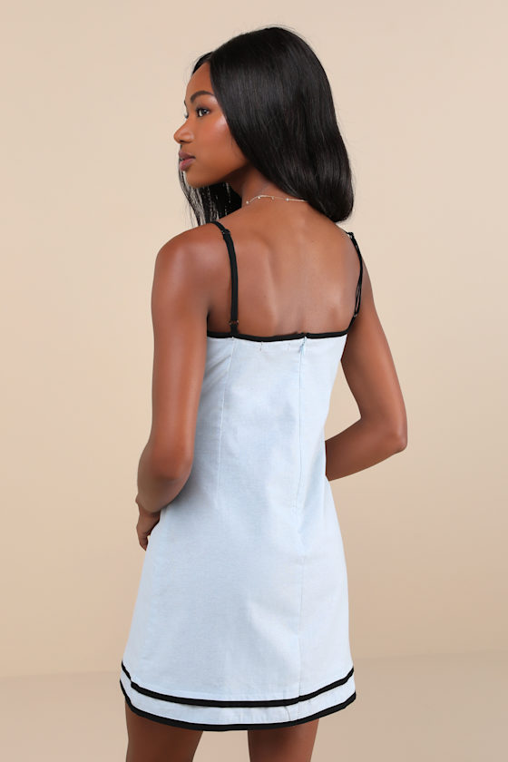 Plasina Light Blue and Black Cotton Sleeveless Bow Mini Dress 3