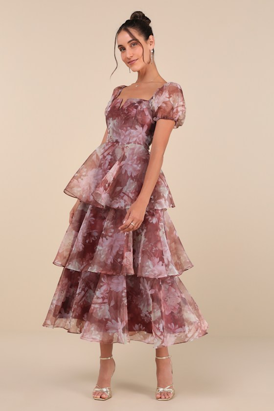 Rust Floral Print Dress - Puff Sleeve Dress - Tiered Midi