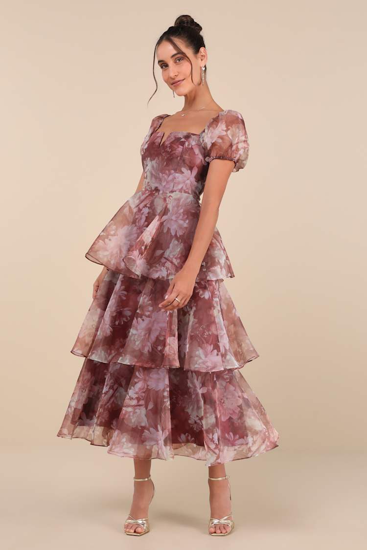 knee length dresses for ladies Floral Organza Midi Dress M main image 1