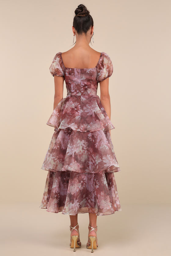Darling Vision Rust Floral Organza Puff Sleeve Tiered Midi Dress 3