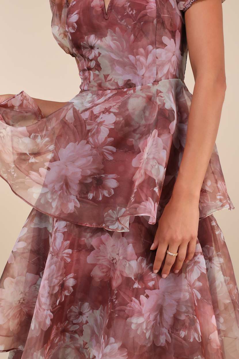 Rust Floral Print Dress - Puff Sleeve Dress - Tiered Midi Dress - Lulus