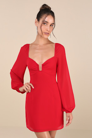 Sexy Red Mini Dress - Balloon Sleeve Dress - Chiffon Mini Dress - Lulus