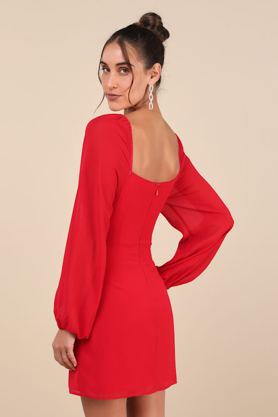 Lulus Flirtatious Designs Red Chiffon Balloon Sleeve Mini Dress In Red