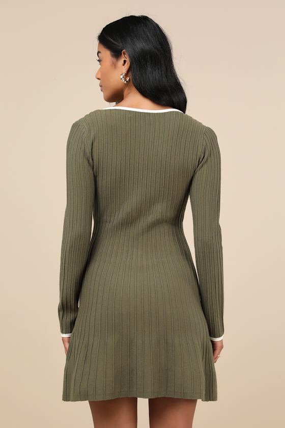 Lulus Cute Simplicity Olive Green Textured Mini Sweater Dress In Olive Green