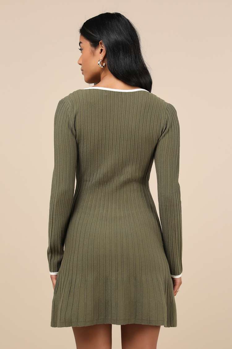 Cute Simplicity Olive Green Textured Mini Sweater Dress