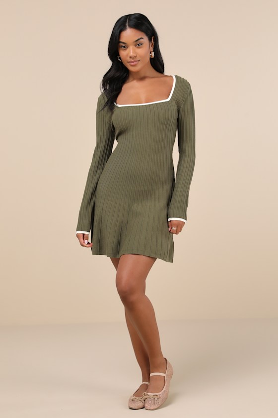 Lulus Cute Simplicity Olive Green Textured Mini Sweater Dress In Olive Green