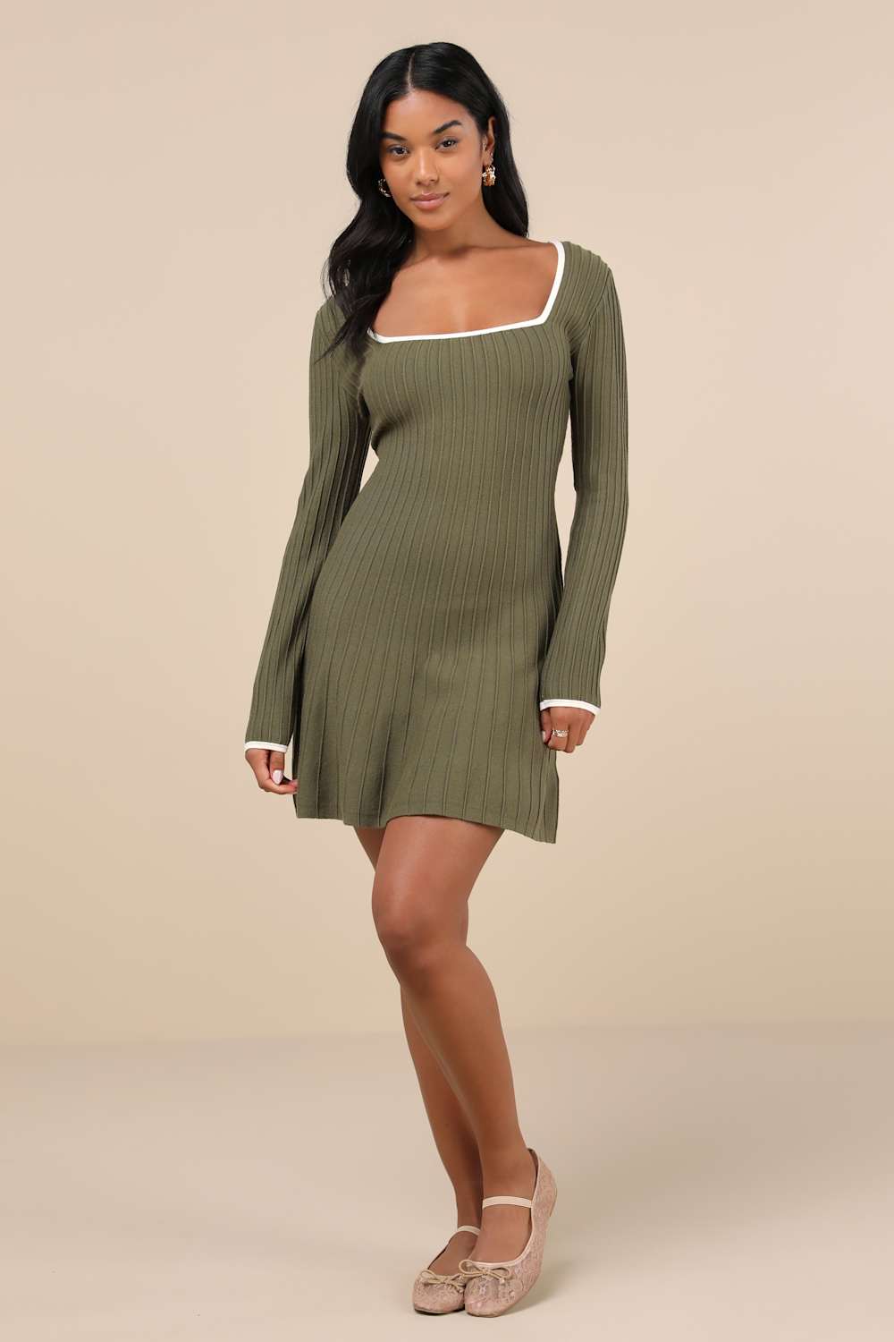 Cute Simplicity Olive Green Textured Mini Sweater Dress
