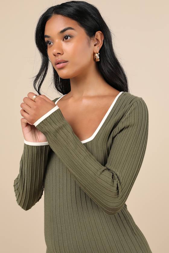 Lulus Cute Simplicity Olive Green Textured Mini Sweater Dress In Olive Green