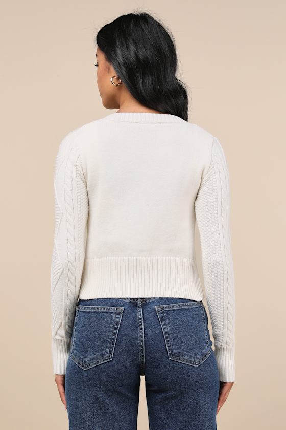 Lulus Luxe Composure Ivory Cable Knit Long Sleeve Cardigan Sweater In Ivory
