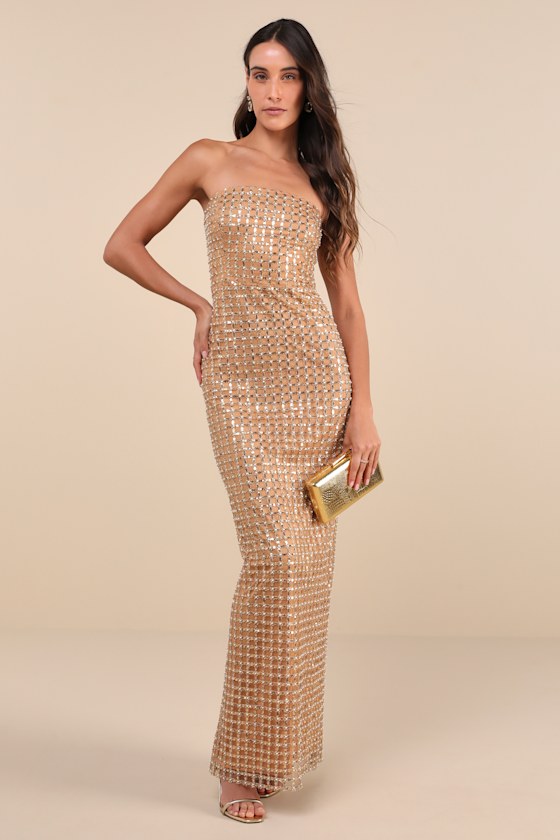 Perfectly Luxurious Tan Pearl Strapless Maxi Dress 1