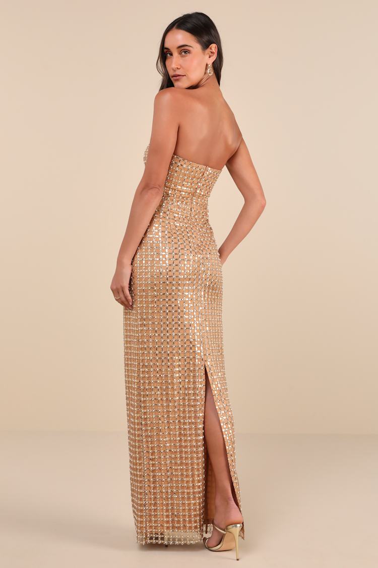 Perfectly Luxurious Tan Pearl Strapless Maxi Dress