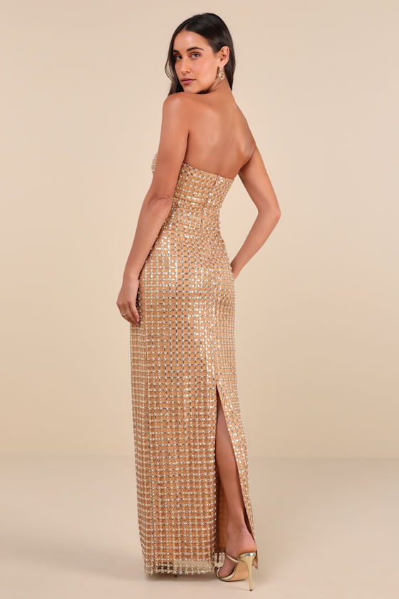 Perfectly Luxurious Tan Pearl Strapless Maxi Dress 2