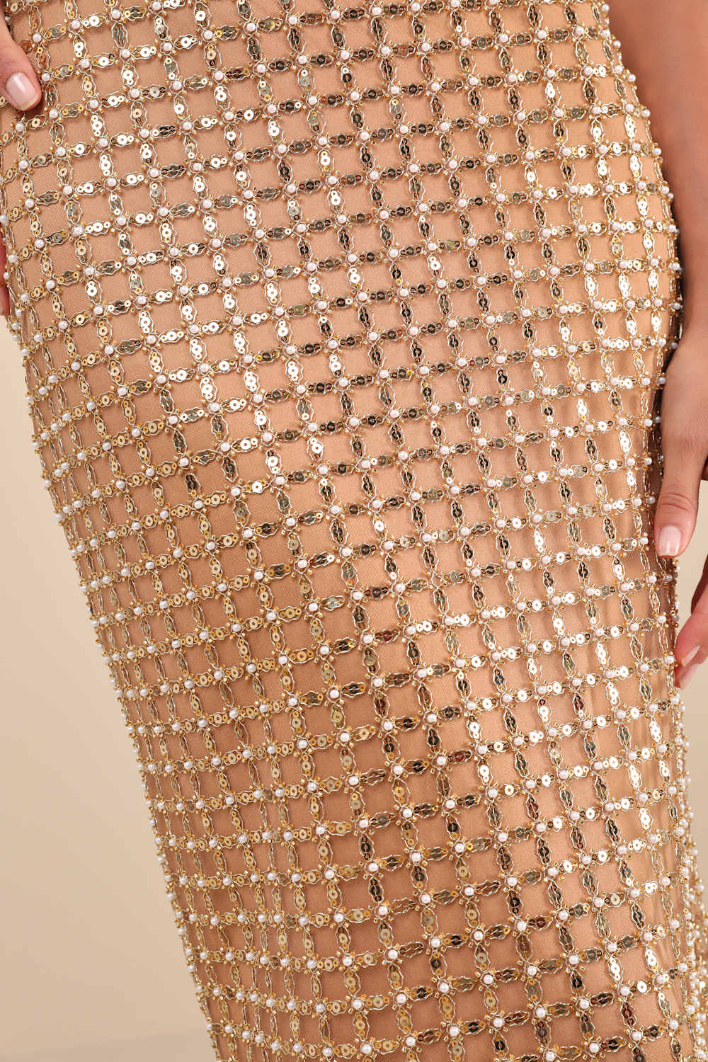 Perfectly Luxurious Tan Pearl Strapless Maxi Dress