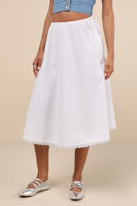 Taka White Cotton Poplin Lace Drawstring Midi Skirt 3