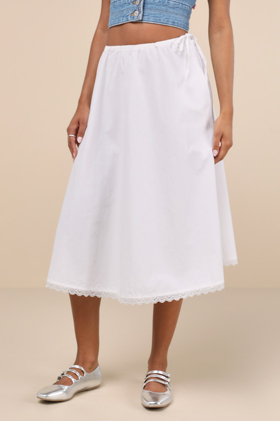 Taka White Cotton Poplin Lace Drawstring Midi Skirt 3