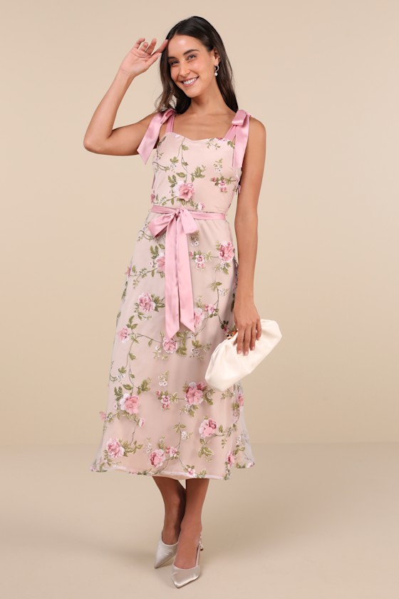 Lulus Authentic Sweetness Pink Floral Applique Tie-strap Midi Dress In Pink