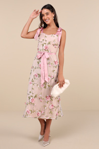 Authentic Sweetness Pink Floral Applique Tie-Strap Midi Dress