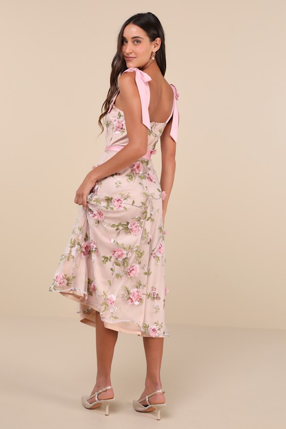Authentic Sweetness Pink Floral Applique Tie-Strap Midi Dress 3