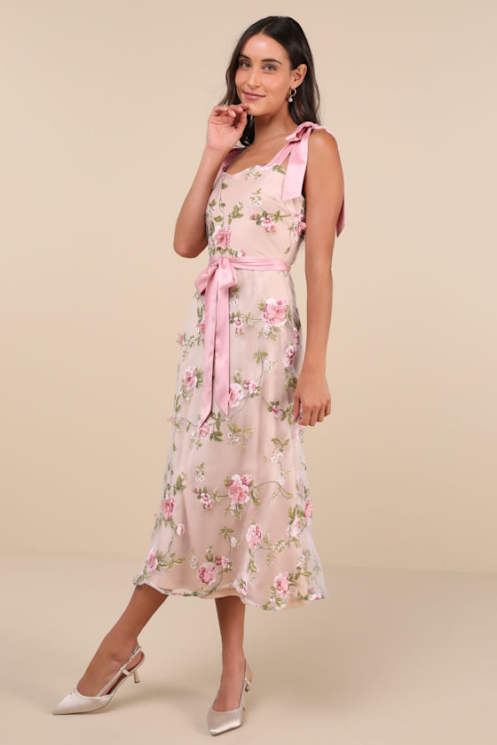 Lulus Authentic Sweetness Pink Floral Applique Tie-strap Midi Dress In Pink