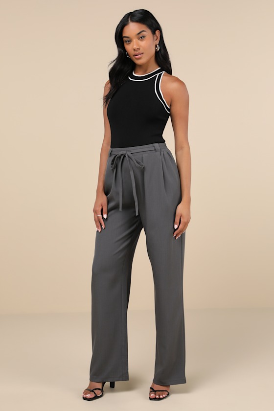 Lulus Simply Poised Charcoal Grey Twill Wide Leg Pants In Charcoal Grey