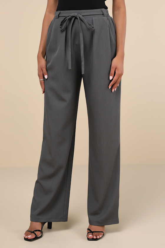 Lulus Simply Poised Charcoal Grey Twill Wide Leg Pants In Charcoal Grey