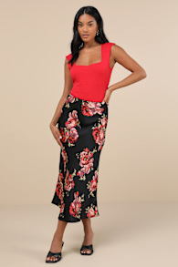 Sleek Proposition Black Floral Satin Bow Midi Skirt