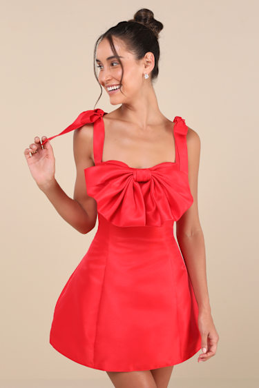 open lace back dress Red One-shoulder With Bow Tie Side-slit A-line Long Prom Dress, PD3381 –  SposaBridal main image 1