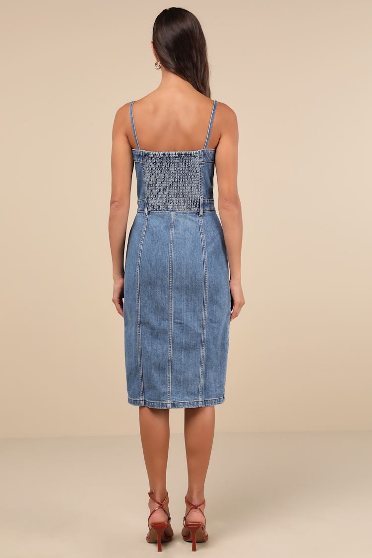 Medium Wash Denim Bustier Midi Dress Medium Wash Denim Bustier Midi Dress