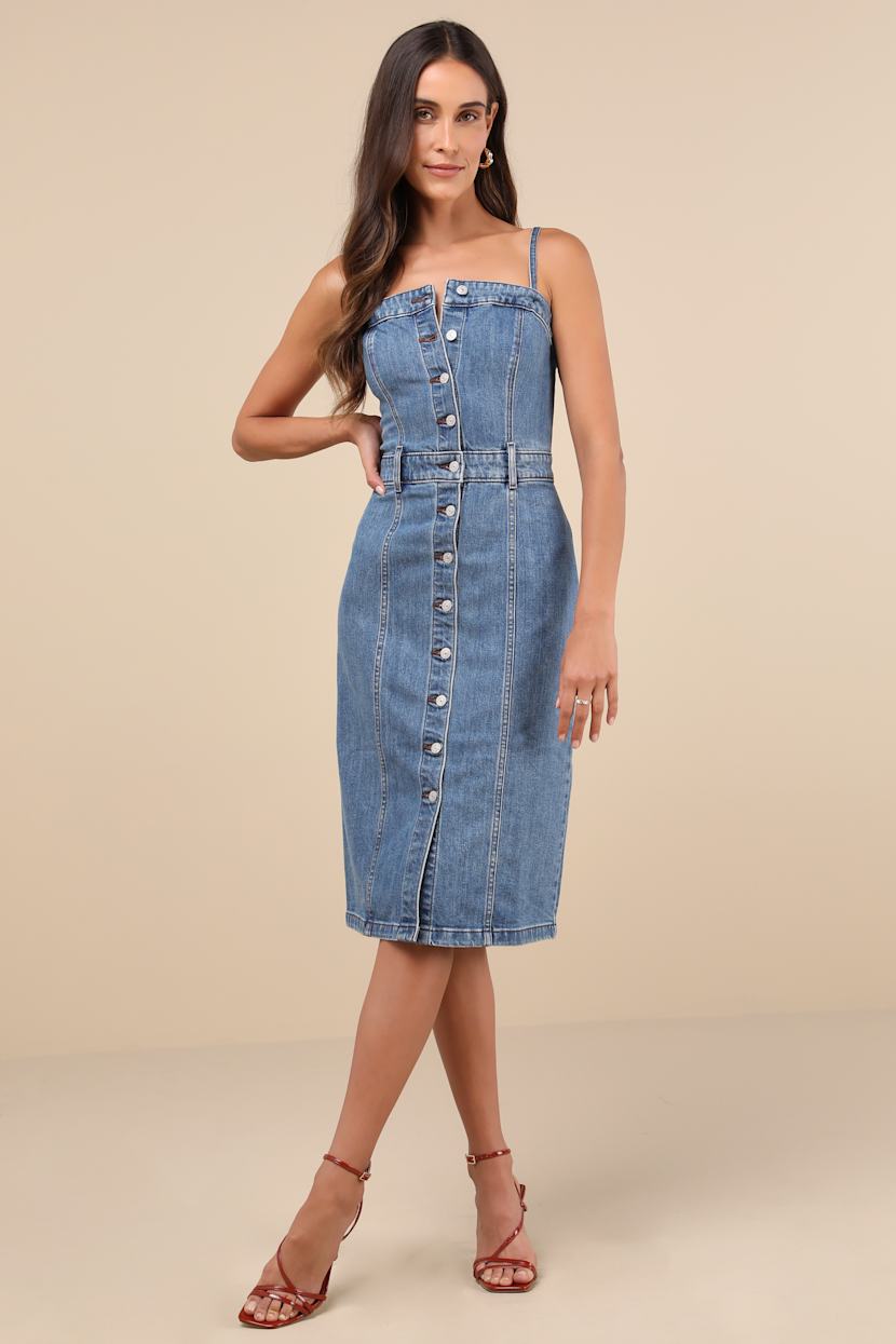 white christmas dresses Dark Wash Denim Bustier Midi Dress S / Blue main image 0