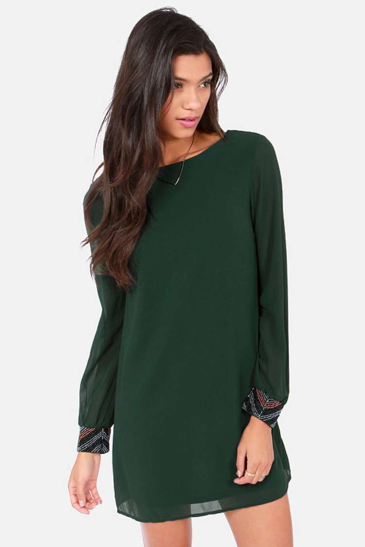 Cute Dark Green Dress - Beaded Dress - Long Sleeve Dress - $59.00 - Lulus