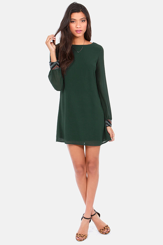 Cute Dark Green Dress - Beaded Dress - Long Sleeve Dress - $59.00