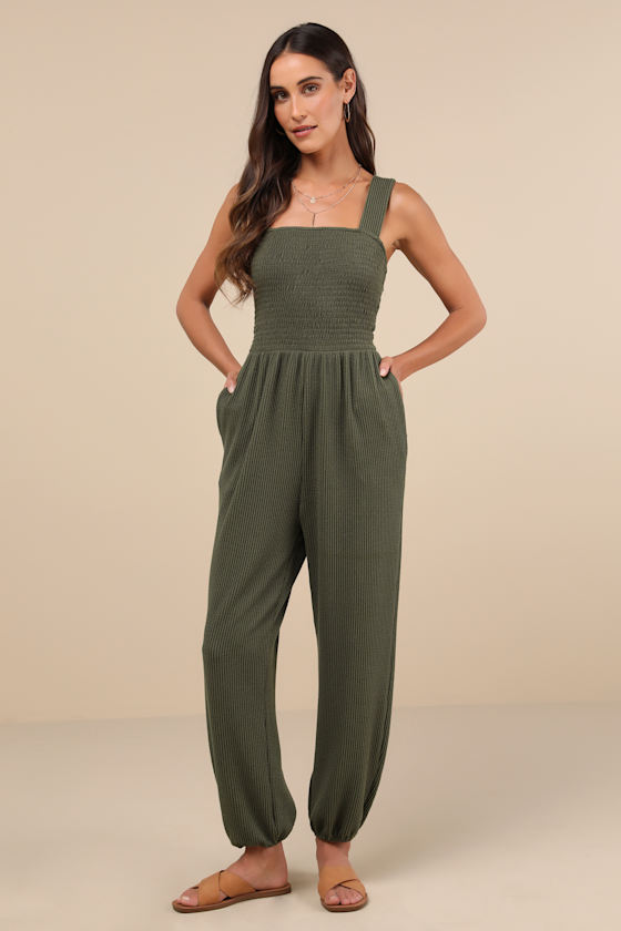 Lulus Social Calendar Olive Green Crinkled Ribbed Knit Jogger Jumpsuit In Olive Green