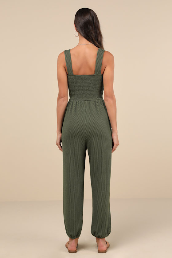 Lulus Social Calendar Olive Green Crinkled Ribbed Knit Jogger Jumpsuit In Olive Green