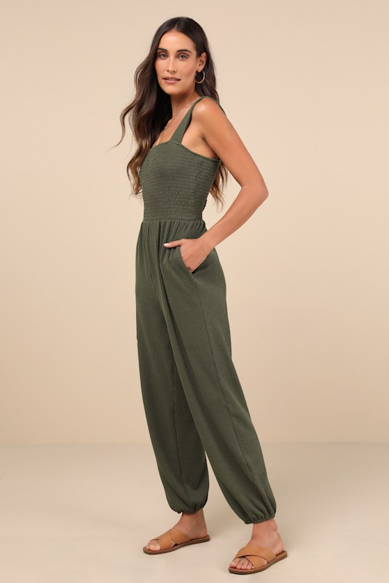 Lulus Social Calendar Olive Green Crinkled Ribbed Knit Jogger Jumpsuit In Olive Green