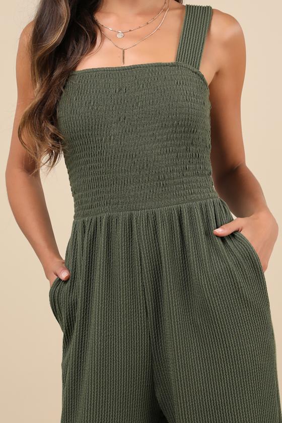 Lulus Social Calendar Olive Green Crinkled Ribbed Knit Jogger Jumpsuit In Olive Green