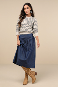 Seraya Dark Blue Chambray Midi Skirt