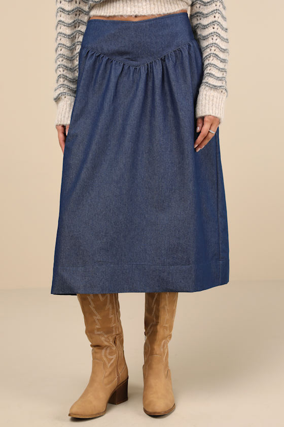 MOTEL SERAYA DARK BLUE CHAMBRAY MIDI SKIRT