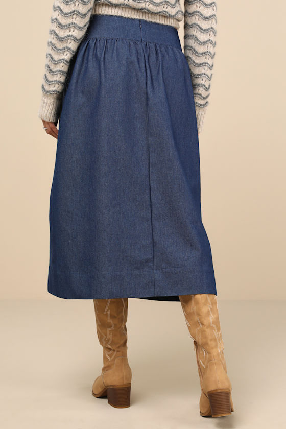 MOTEL SERAYA DARK BLUE CHAMBRAY MIDI SKIRT