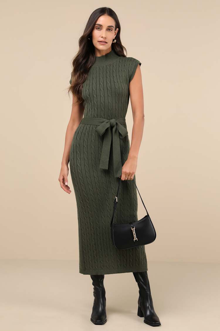 Olive Green Cable Knit Dress - Mock Neck Dress - Midi Dress - Lulus Olive Green Cable Knit Dress - Mock Neck Dress - Midi Dress - Lulus