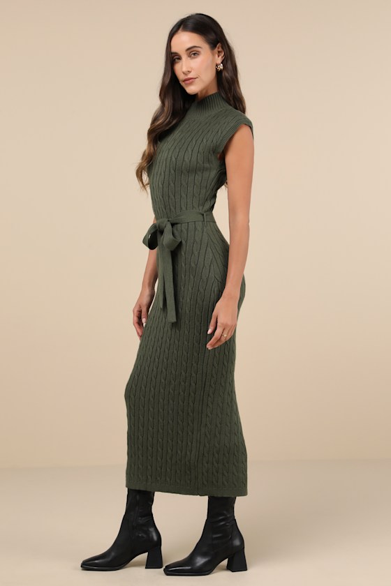 Lulus Seasonal Grace Olive Green Cable Knit Mock Neck Midi Dress In Olive Green