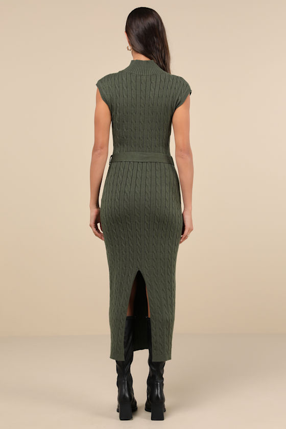 Lulus Seasonal Grace Olive Green Cable Knit Mock Neck Midi Dress In Olive Green