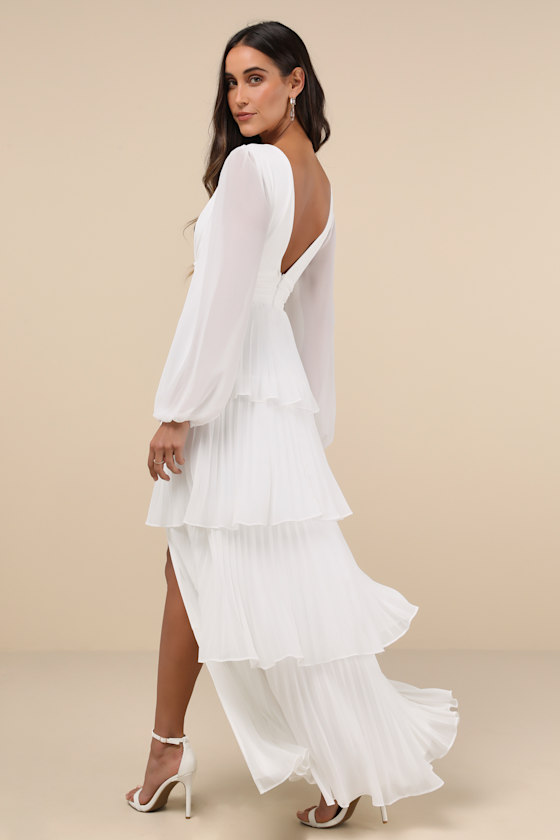 Graceful Finesse White Pleated Long Sleeve Maxi Dress 3