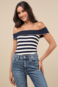 Falea Navy Striped Ribbed Off-the-Shoulder Top 1