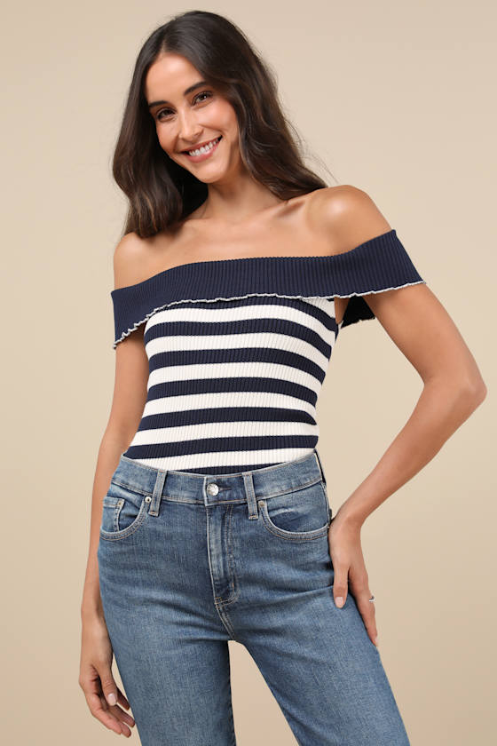 Falea Navy Striped Ribbed Off-the-Shoulder Top 1