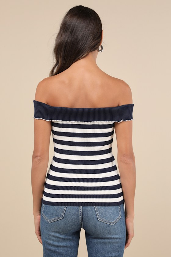 Motel Falea Navy Striped Ribbed Off-the-shoulder Top In Navy