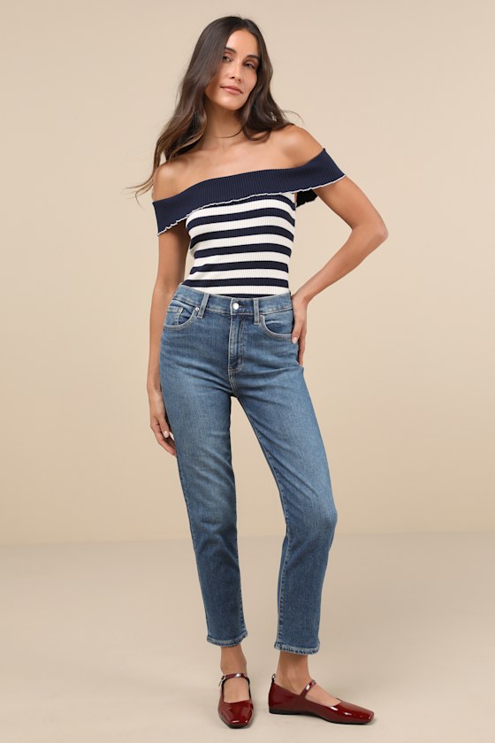 Motel Falea Navy Striped Ribbed Off-the-shoulder Top In Navy