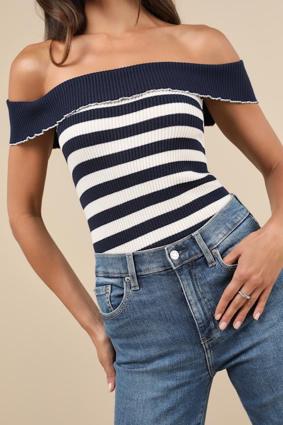 Motel Falea Navy Striped Ribbed Off-the-shoulder Top In Navy