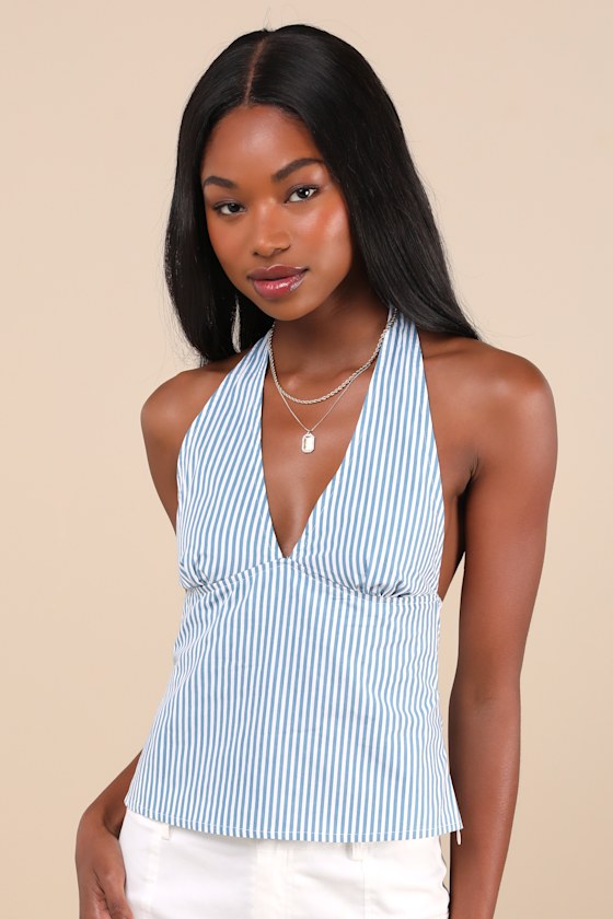 Shop Motel Nandu Blue And White Striped Cotton Poplin Halter Top