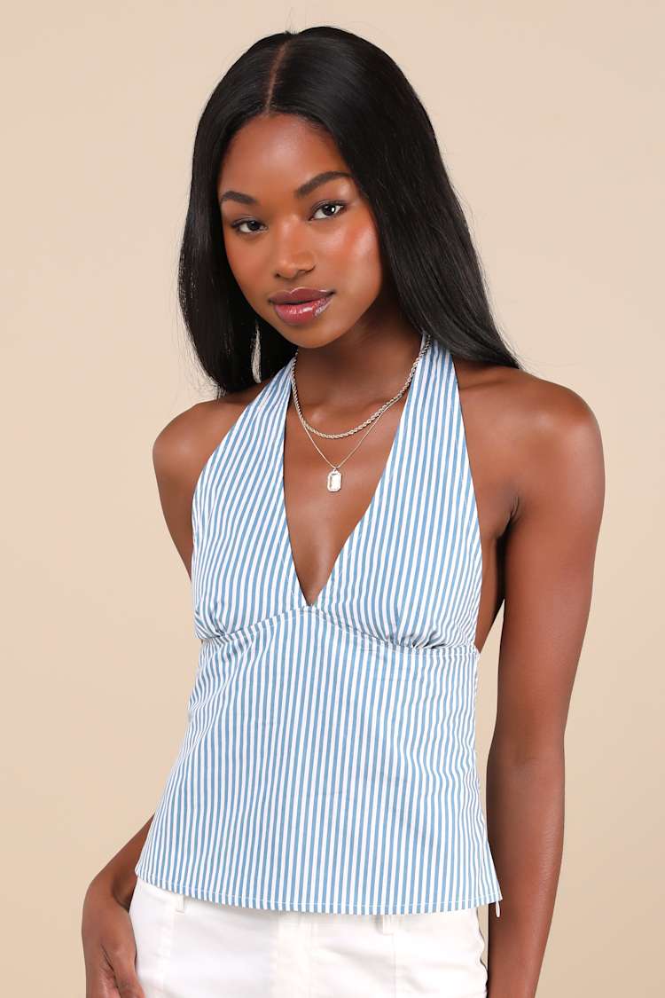 Motel Rocks Nandu - Blue and White Striped Top - Halter Top - Lulus