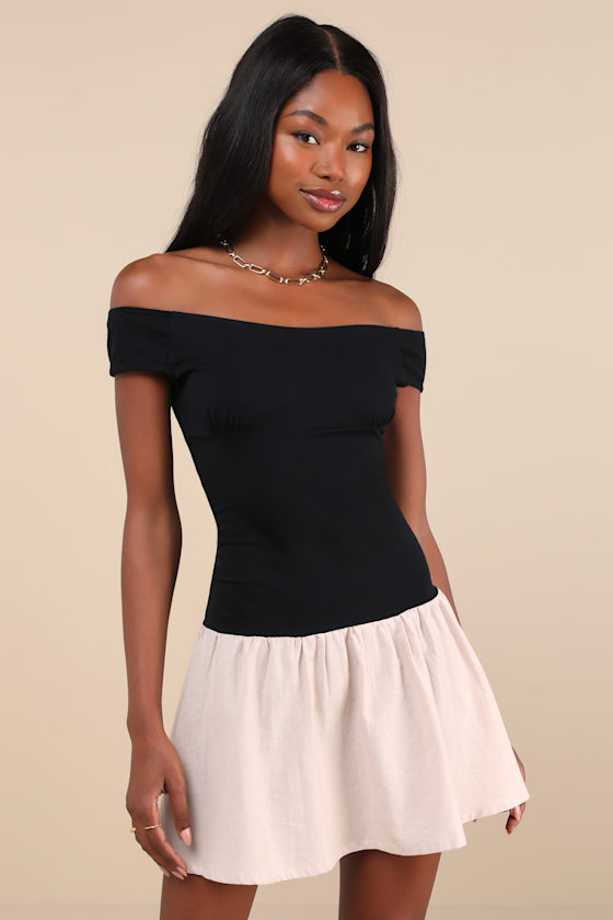 Yael Black and Beige Off-the-Shoulder Drop Waist Mini Dress